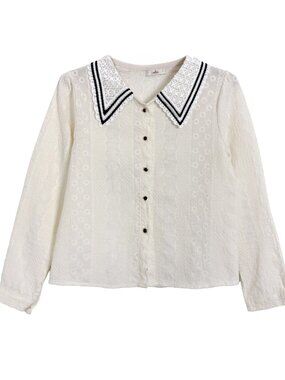 Sellys Womens Crochet Knit Blouse Black Contrast Collar Button Up White Size S